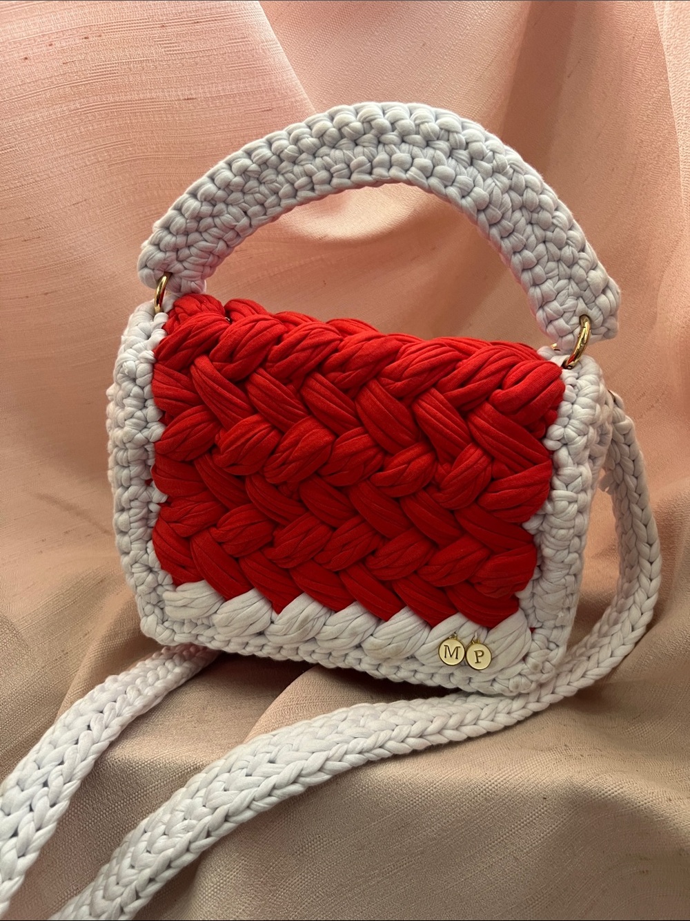 Handwoven Red and White Crochet Satchel